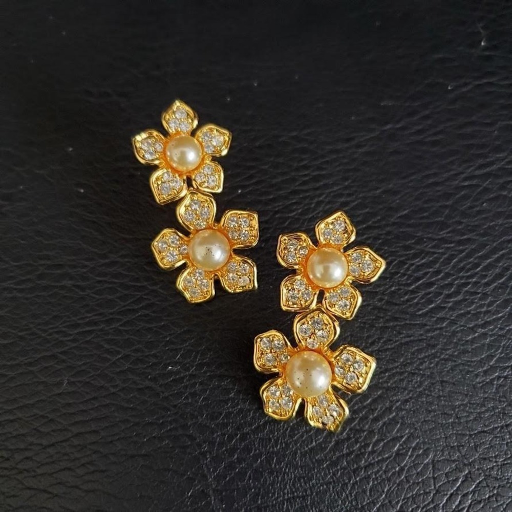 Nolan Miller Vintage Gold Tone Double Flower Faux Pearl Crystal Pierced Earrings